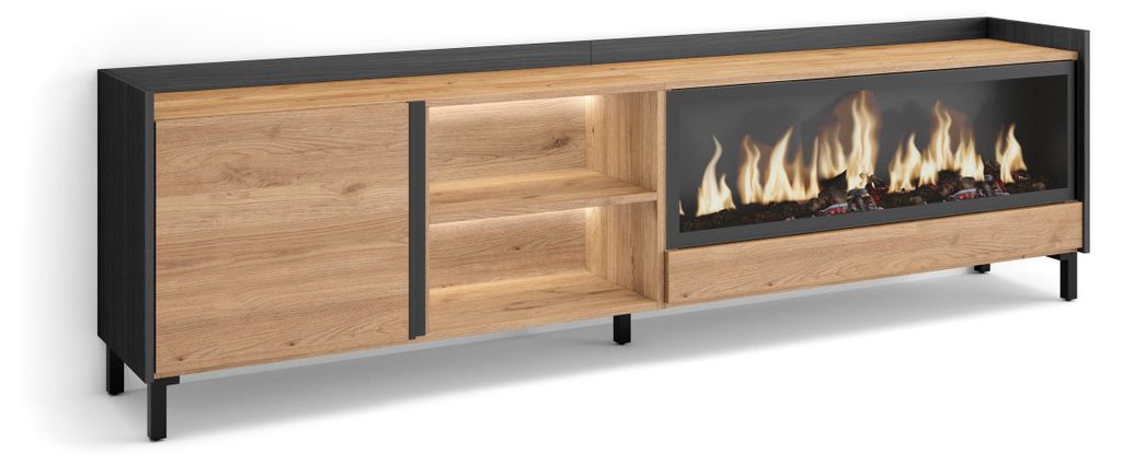 TV-Möbel Holzeffekt eiche schwarz 212x35x61cm Kamin mit Feuereffekt