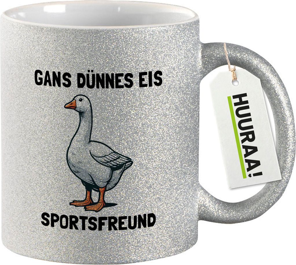 Huuraa Glitzertasse Gans dünnes Eis Sportsfreund Gans Meme 330ml Silber Keramik Kaffeebecher Geschenkidee
