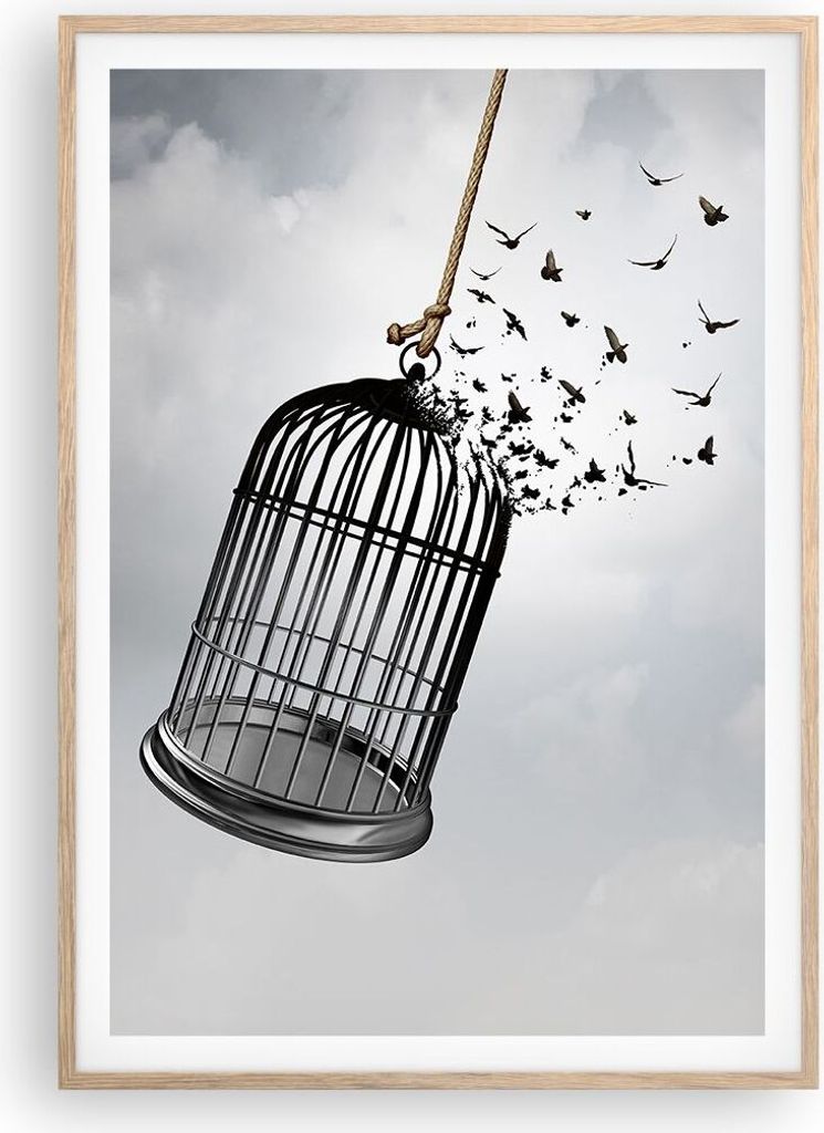 Gerahmtes Poster - Rahmen in heller Eiche - Freiheit Käfig Vögel - 70x100 cm - Wand Bild - Wanddeko - Wandbilder - Kunstposter - Wandposter - Bil...