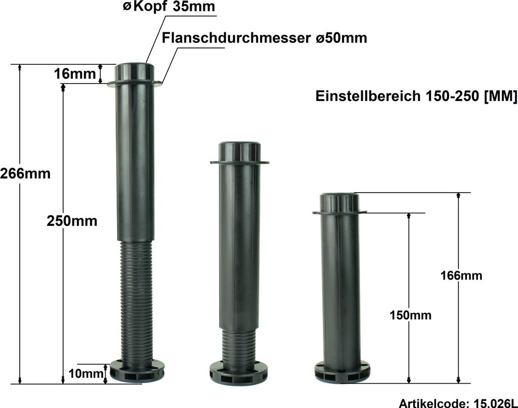 Nábytková noha Nastaviteľná oporná noha (od 15 do 25 cm) Obrázok produktu 3