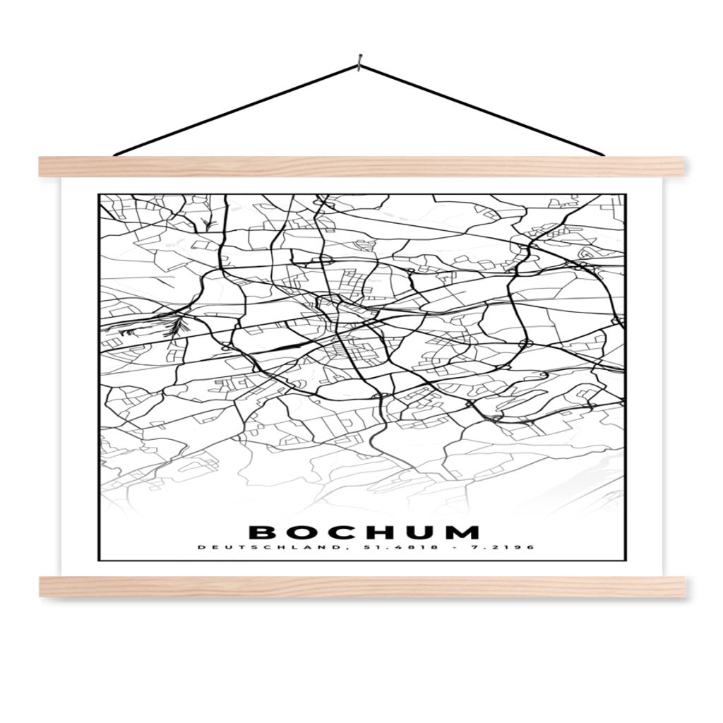 MuchoWow Textilposter Karte - Stadtplan - Bochum - Karte 120x80 cm mit holzfarbenen Rahmen - Aufhängeset