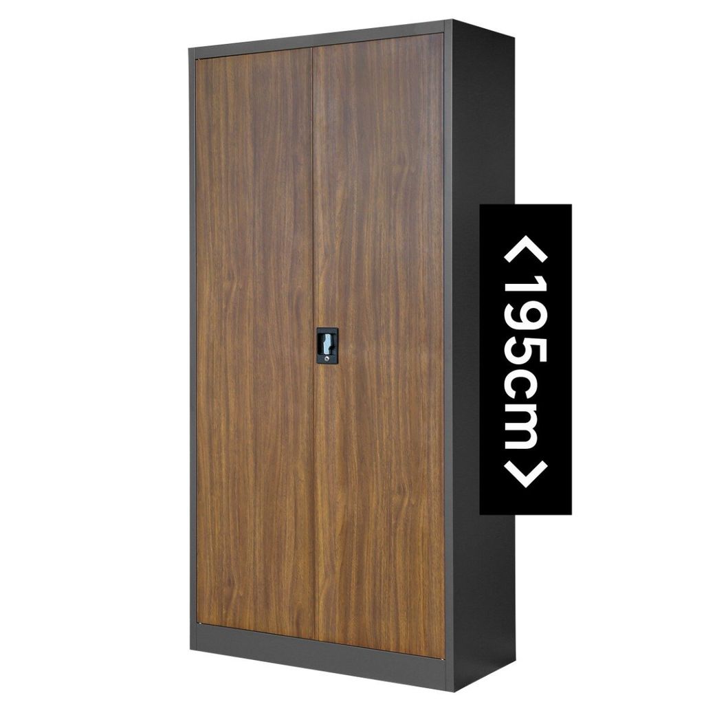 A tall, two-doored cabinet with a wood-grain finish on the doors and a dark gray frame, set against a white background. A black rectangle with white text indicating dimensions is overlaid on the right side of the image.