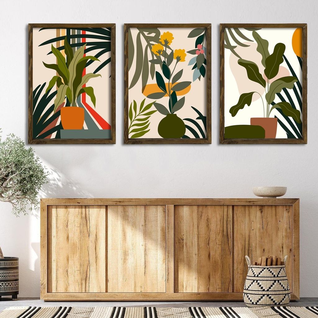 Wallity, EMN010, Dekorativ gerahmtes MDF-Gemälde (3 Stück), 100 % MDF, Mehrfarbig, 50 x 70 cm