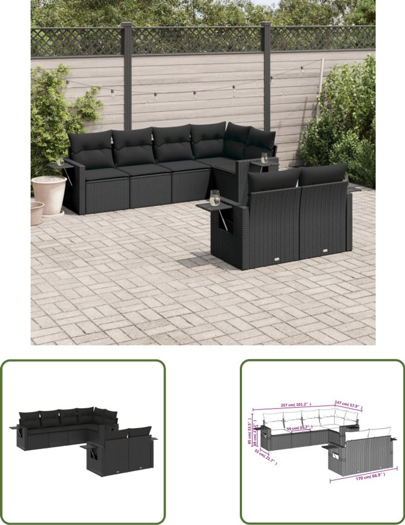 The Living Store 7-tlg. Garten-Sofagarnitur mit Kissen Schwarz Poly Rattan