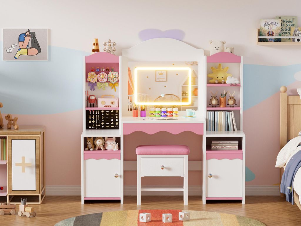 2-in-1 Kinder Schminktisch Set mit Hocker, LED-Spiegel, Stauraum, Regalen & Schmuckhalter – Prinzessin Make-up Tisch für Mädchen ab 5 Jahren
