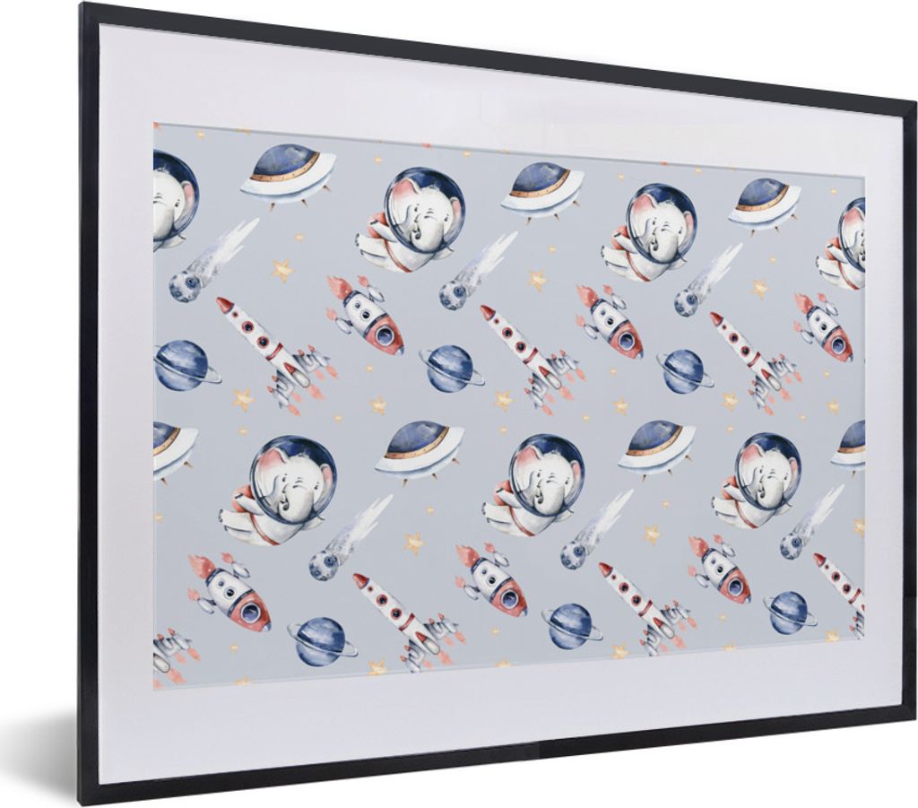 MuchoWow Gerahmtes Poster Muster - Elefant - Rakete - Jungen - Mädchen - Kinder - Mädchen 40x30 cm - Poster mit Schwarzem Bilderrahmen Wandpost...