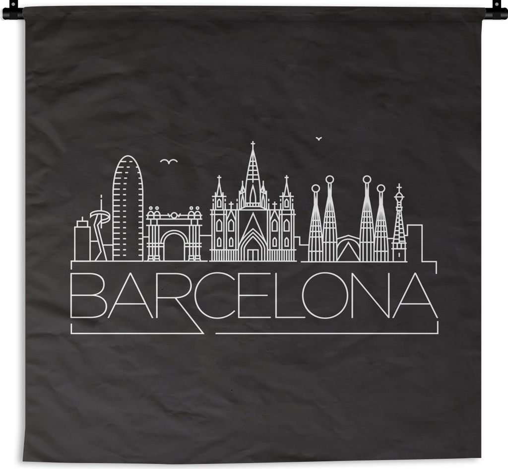 MuchoWow Wandteppich Wandbehang Skyline "Barcelona" weiß auf schwarz 150x150 cm Tapisserie Dekoration Wandtuch - Wohnaccessoires - Modernes