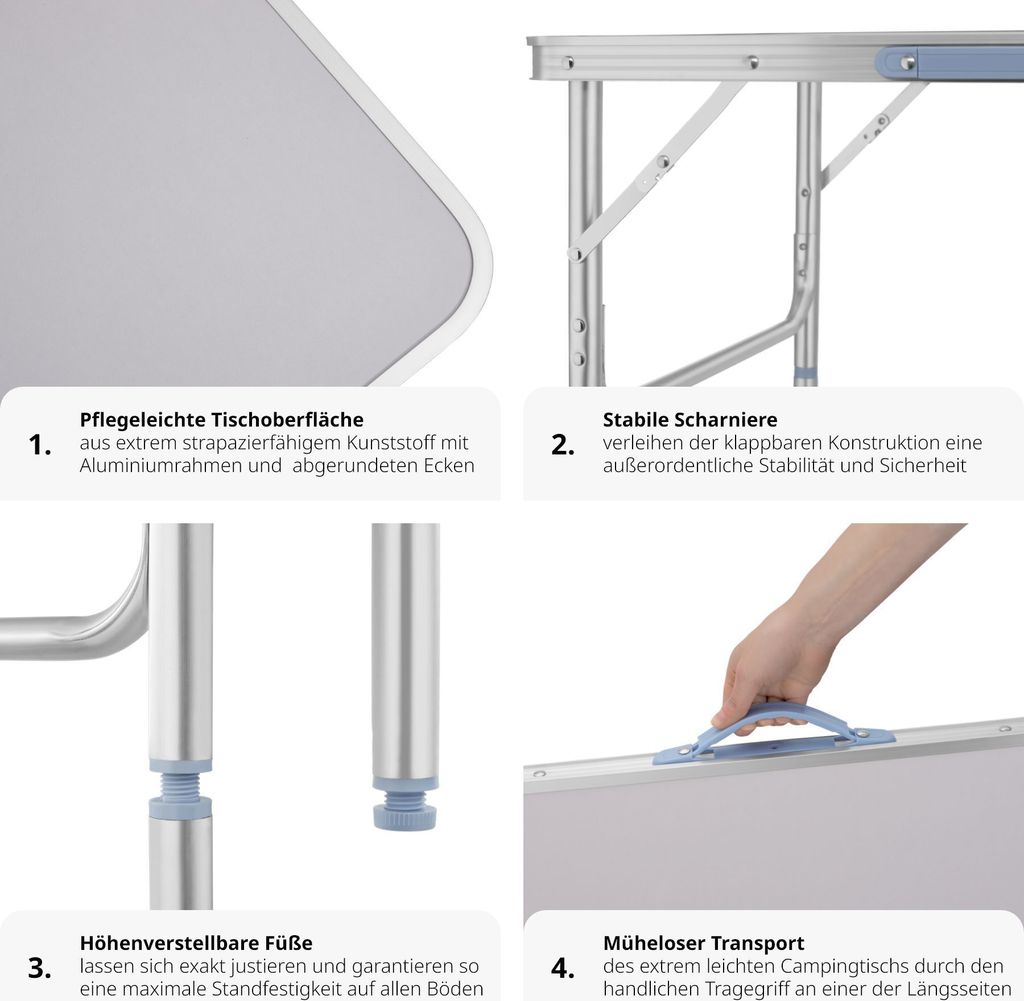 Camping Klapptisch aus Aluminium 75x55x68cm - grau Produktbild 3