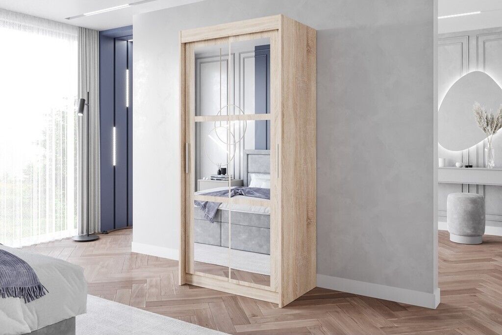 Easy4You L2 100 cm Sonoma Schiebetüren Kleiderschrank 100x216x60 cm mit Spiegel - Schlafzimmermöbel, Aufbewahrung - Mehrzweckschrank