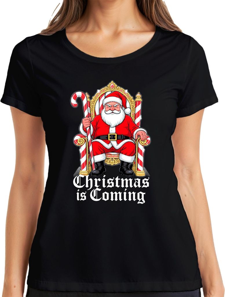 Christmas is Coming Weihnachtsmann Thron Zuckerstange Gothic Retr Damen T-Shirt, Schwarz, S