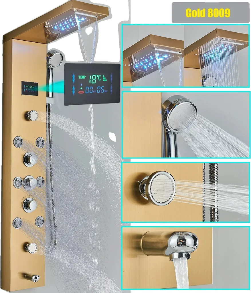 Panneau de douche anticalcaire or 8009 inox avec jet pluie et cascade