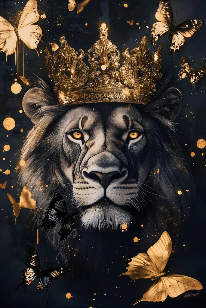 Grand vitrail artistique Lion couronné 80x120 cm - Verre haute finition