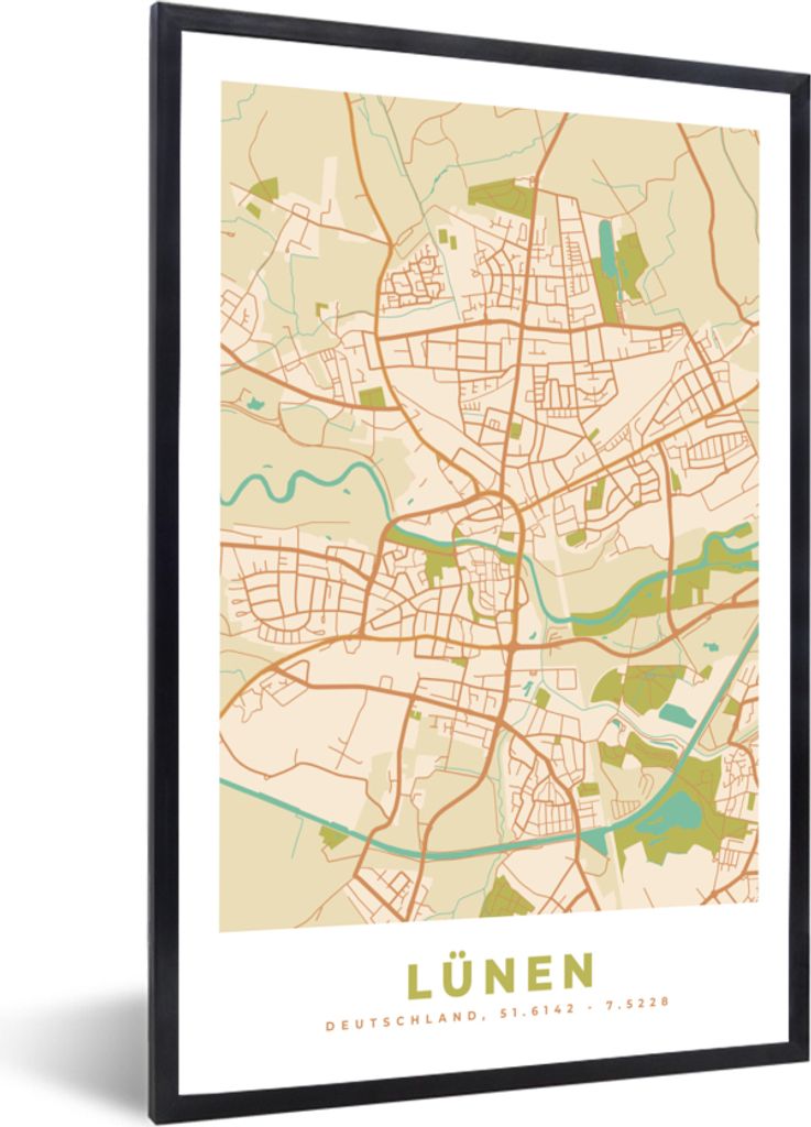MuchoWow Gerahmtes Poster Stadtplan - Lünen - Karte - Vintage 20x30 cm - Poster mit Schwarzem Bilderrahmen Wandposter Rahmen Foto Bilder - Druck...