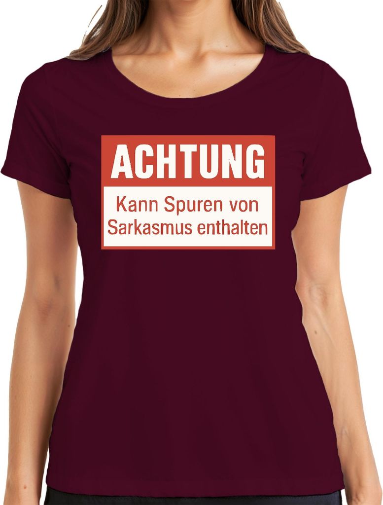 Achtung Spuren von Sarkasmus enthalten lustig sarkastisch humor Damen T-Shirt, Burgundy, M