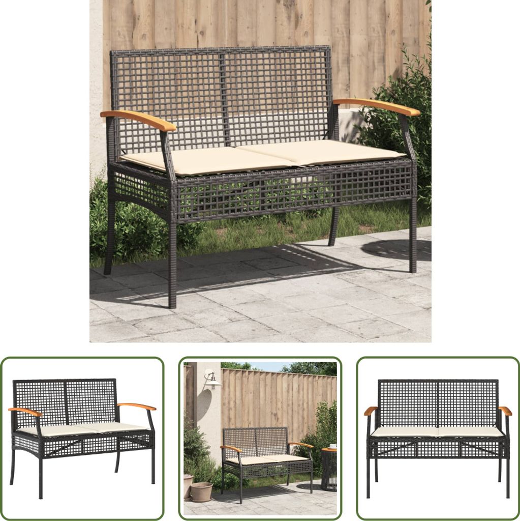 The Living Store Gartenbank mit Kissen Schwarz Poly Rattan Akazienholz
