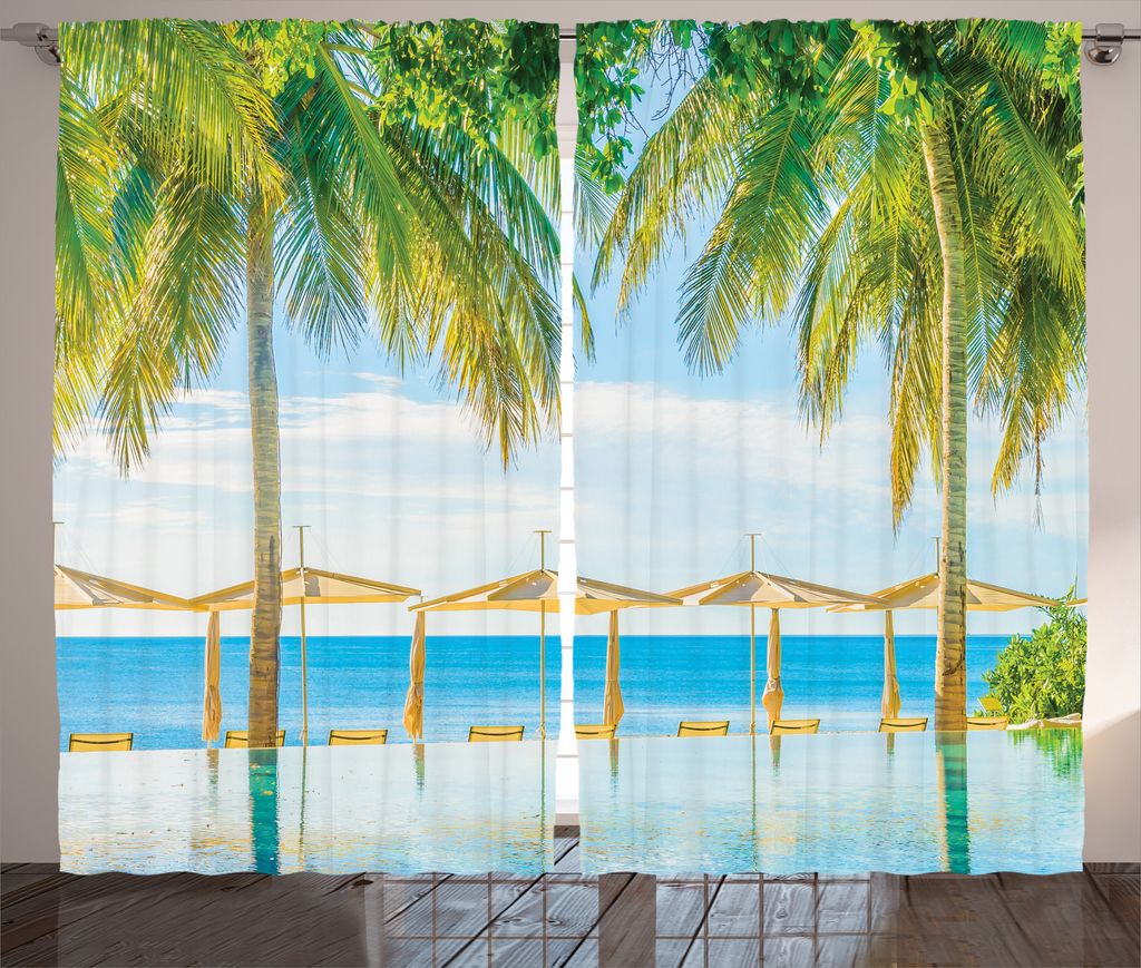 ABAKUHAUS Tropisch Rustikaler Vorhang, Pool Resort Sommer, Wohnzimmer Universalband Gardinen mit Schlaufen und Haken, 280 x 175 cm, Grün blau