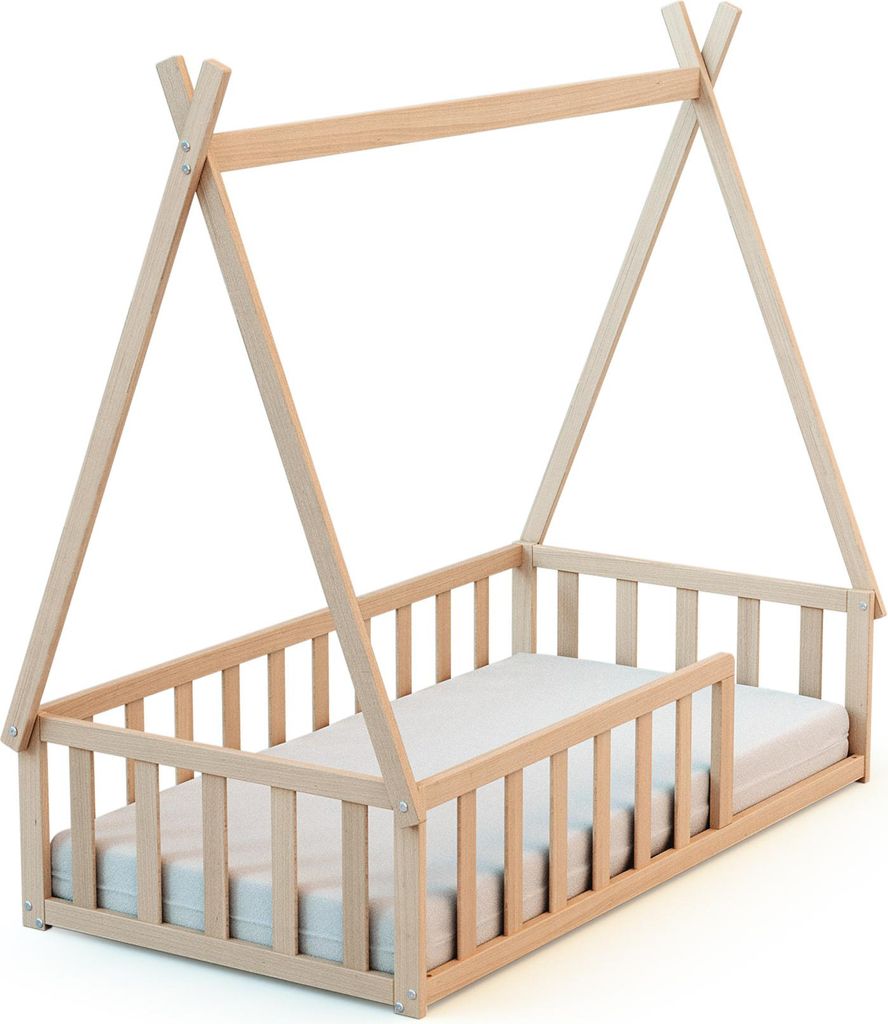 WEBABY - Bodenbett Babybett Holz 70 x 140 cm Buche Natur | Gitterbett mit Lattenrost inklusive | Schlafkomfort | Autonomie | MassivHolz | Cabane