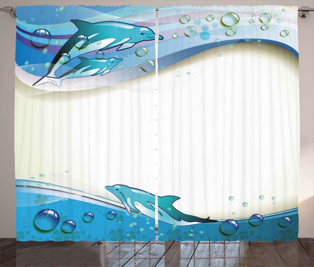 ABAKUHAUS Ozean Rustikaler Vorhang, Dolphins Sea Waves Drops, Wohnzimmer Universalband Gardinen mit Schlaufen und Haken, 280 x 245 cm, Beige Blau Aqua