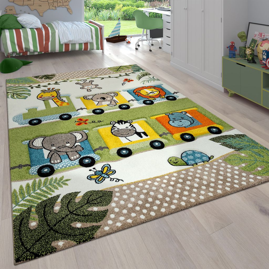 Kinderzimmer Kinderteppich für Jungen mit Tier u. Dschungel Motiven Kurzflor Grösse 120 cm Rund