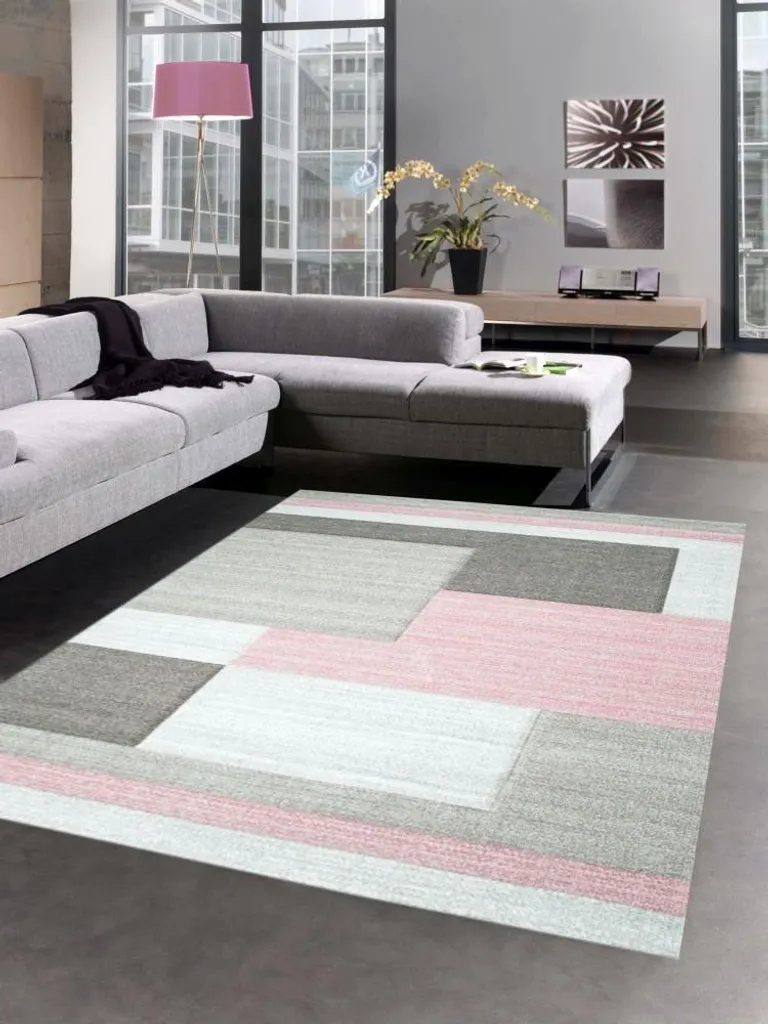 Tapis Design Contour Découpé 80x150 cm, Carreaux Rose Pastel et Taupe
