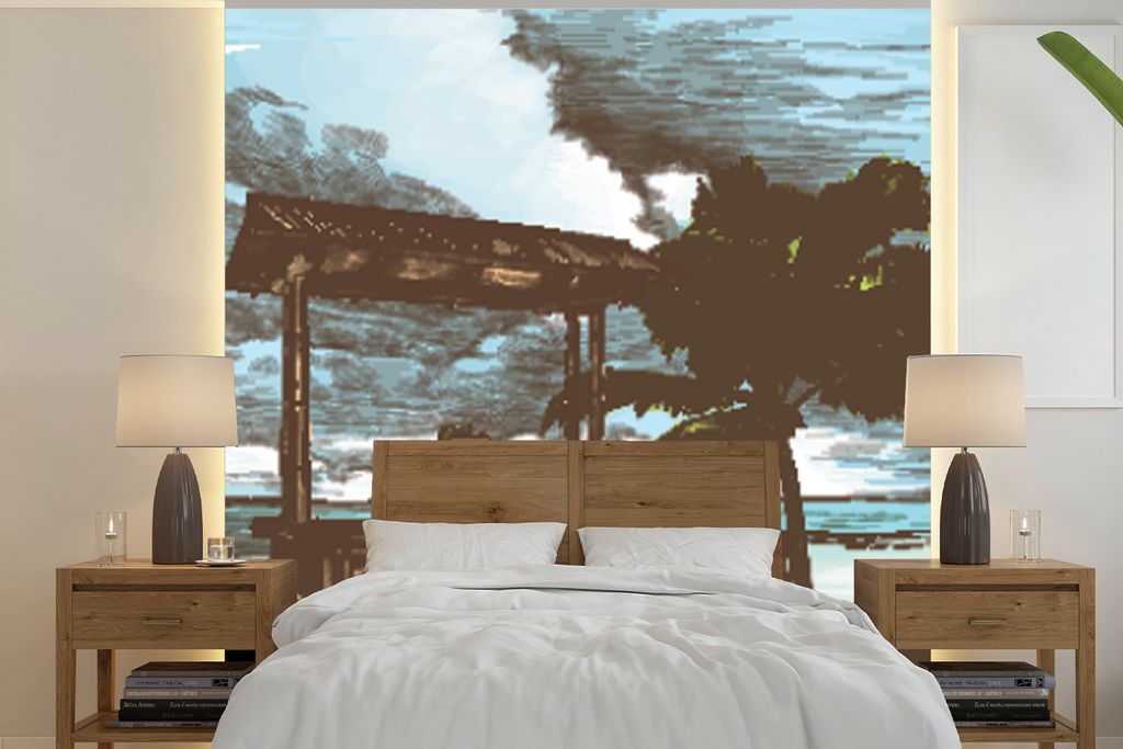 MuchoWow Fototapete für Wohnzimmer oder Schlafzimmer Wandtapete Vinyl Motivtapete Strand - Palme - Hütte - 260x260 cm - Papiertapeten