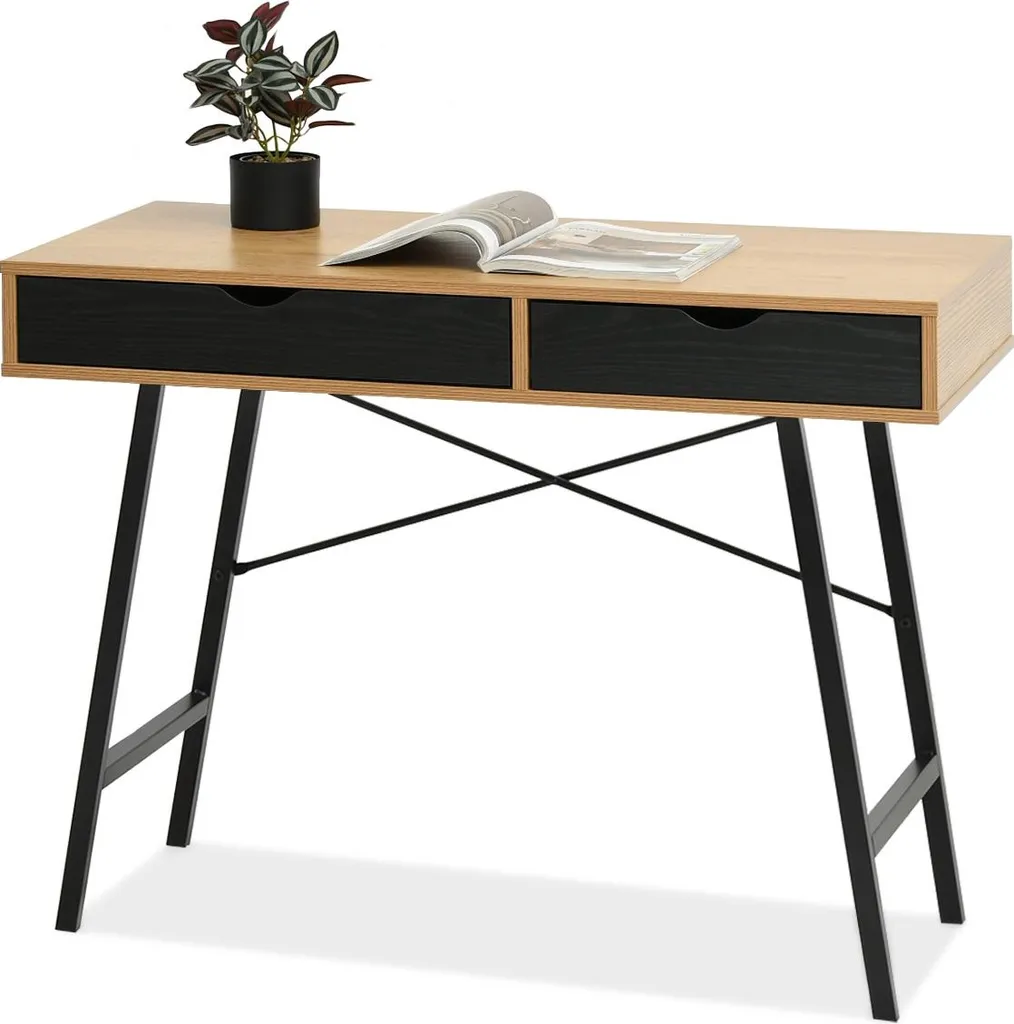 Bureau d'ordinateur bicolore noir et chêne avec tiroirs de rangement