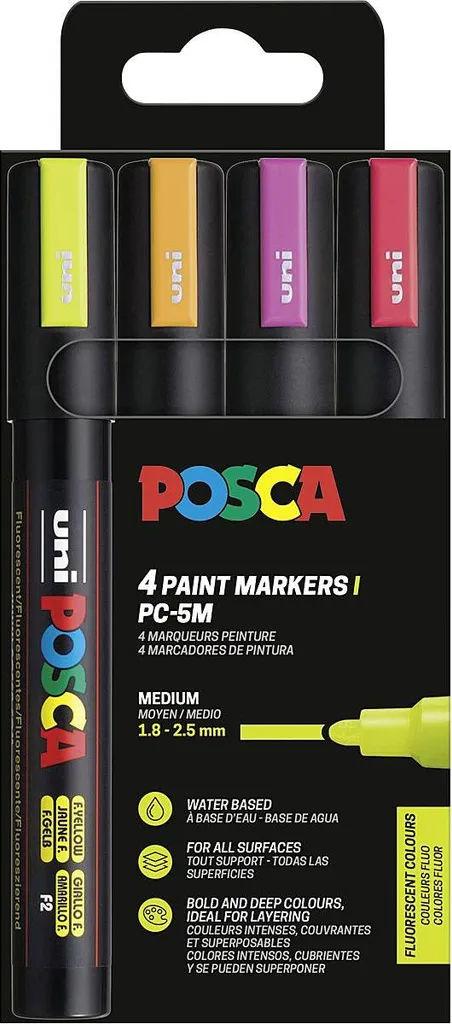 Marqueur Uni Posca PC-5M Pointe Moyenne 2.5mm Fluo Lot de 4 Pièces
