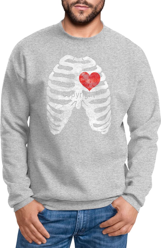 Sweatshirt Herren Brustkorb Skelett Rippen Herz Rundhals-Pullover Moonworks grau XS