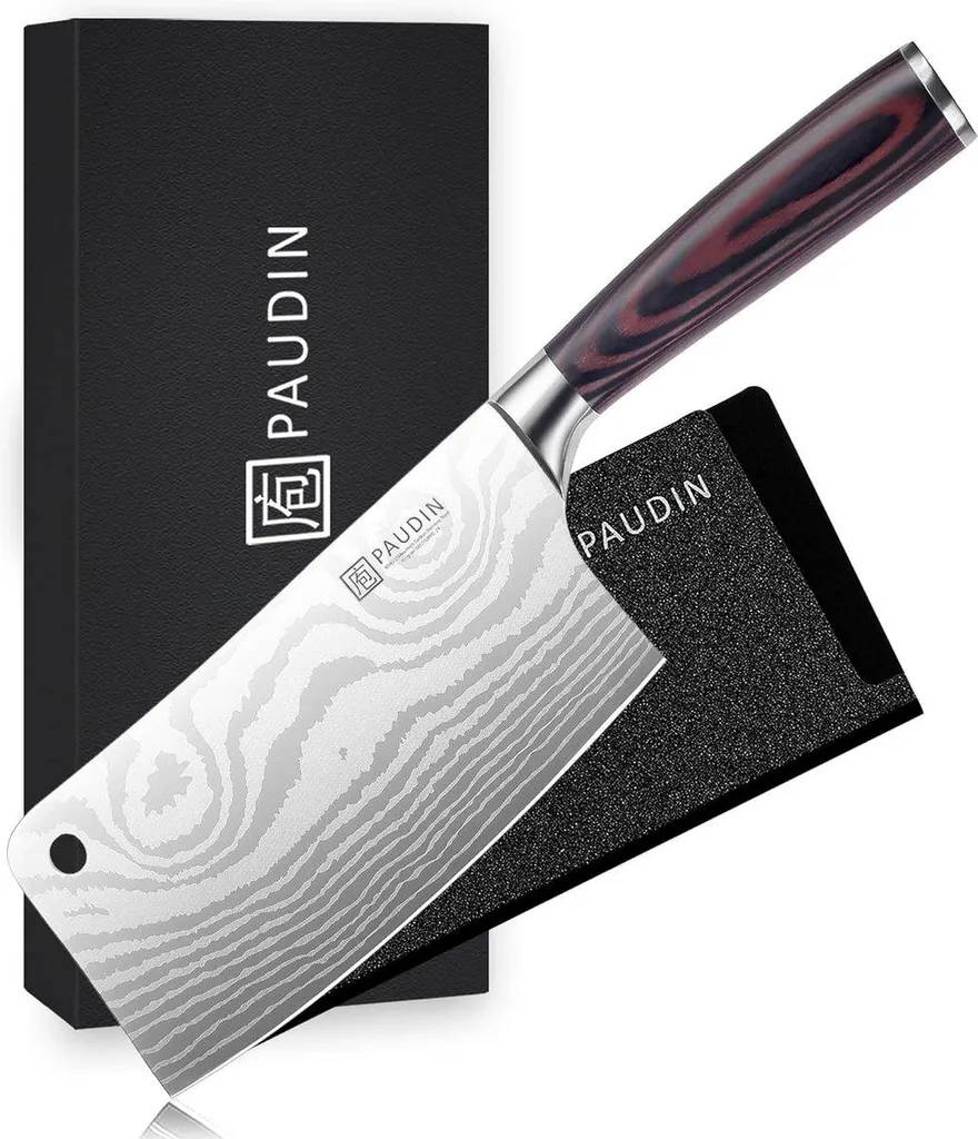 PAUDIN N11 Couteau de Chef Chinois 18 cm - Motif Damas avec Étui de Lame