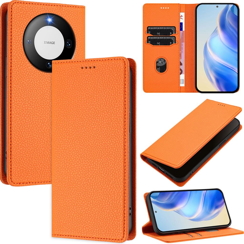 Litchi Leder Handyhülle für Huawei Mate 60 Pro/Mate 60 Pro+ Wallet Kartenfächer Standfunktion Hülle Orange