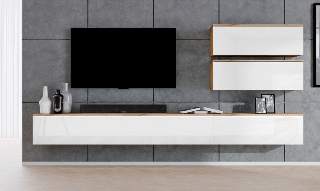 AX LIVING Meuble-paroi Loriano V Chêne Wotan/blanc brillant Image du produit 