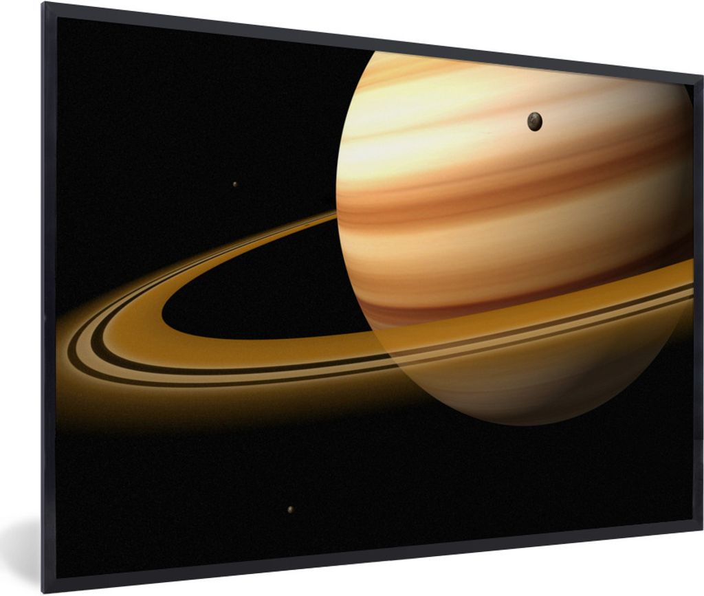 MuchoWow Gerahmtes Poster Saturn mit seinem Ring und einem Mond 30x20 cm - Poster mit Schwarzem Bilderrahmen Wandposter Rahmen Foto Bilder - Kuns...