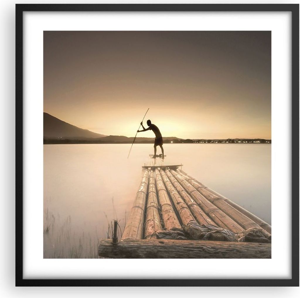 Gerahmtes Poster - Schwarzer Rahmen - Floß Westen die Sonne - 50x50 cm - Wand Bild - Wanddeko - Wandbilder - Kunstposter - Wandposter - Bilderrahm...