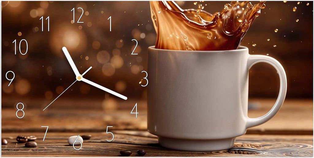 Wanduhr aus Glas mit Motiv Kaffee Spritzer- 60 x 30 cm - inkl. Aufhängesystem