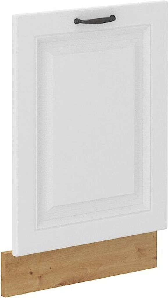 A white cabinet door with a dark handle and a wooden base.