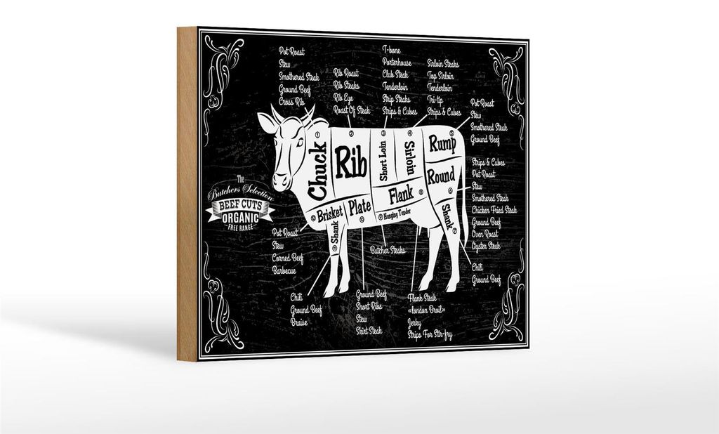 Holzschild Kuh 18x12cm Beef cuts Organic Metzgerei