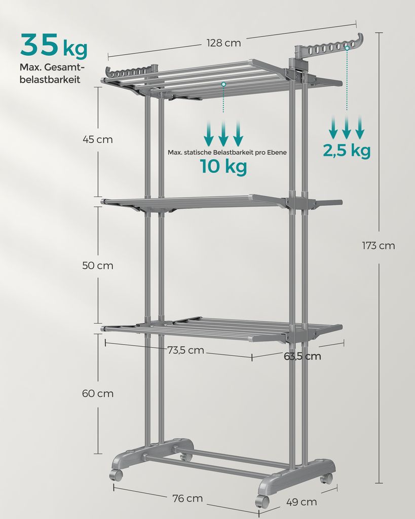 SONGMICS Wäscheständer, Standtrockner 4 Ebenen, mit Rollen, Produktbild 7
