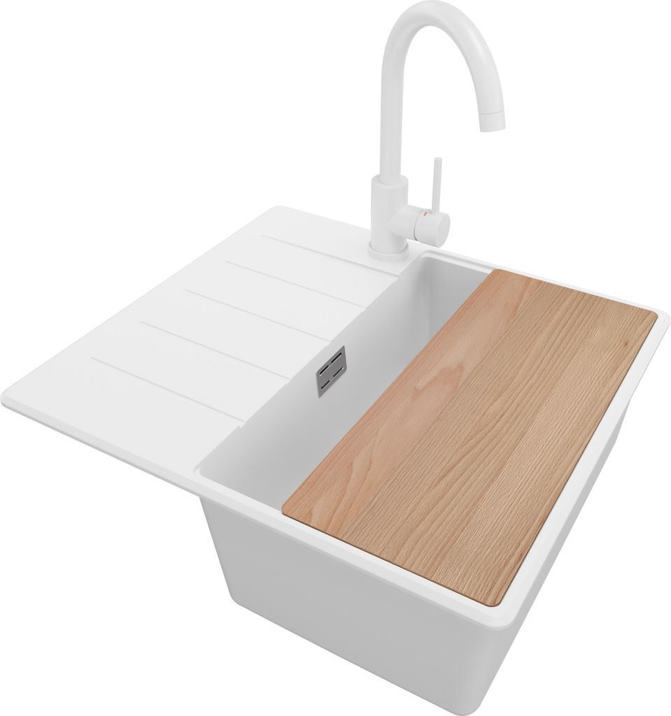 PRIMAGRAN Granitspüle Weiß 55x50cm, Spülbecken 1 Becken + Küchenarmatur 32x20cm + Ablauf-Set + Schneidebrett, Küchenspüle ab 40er Unterschran...