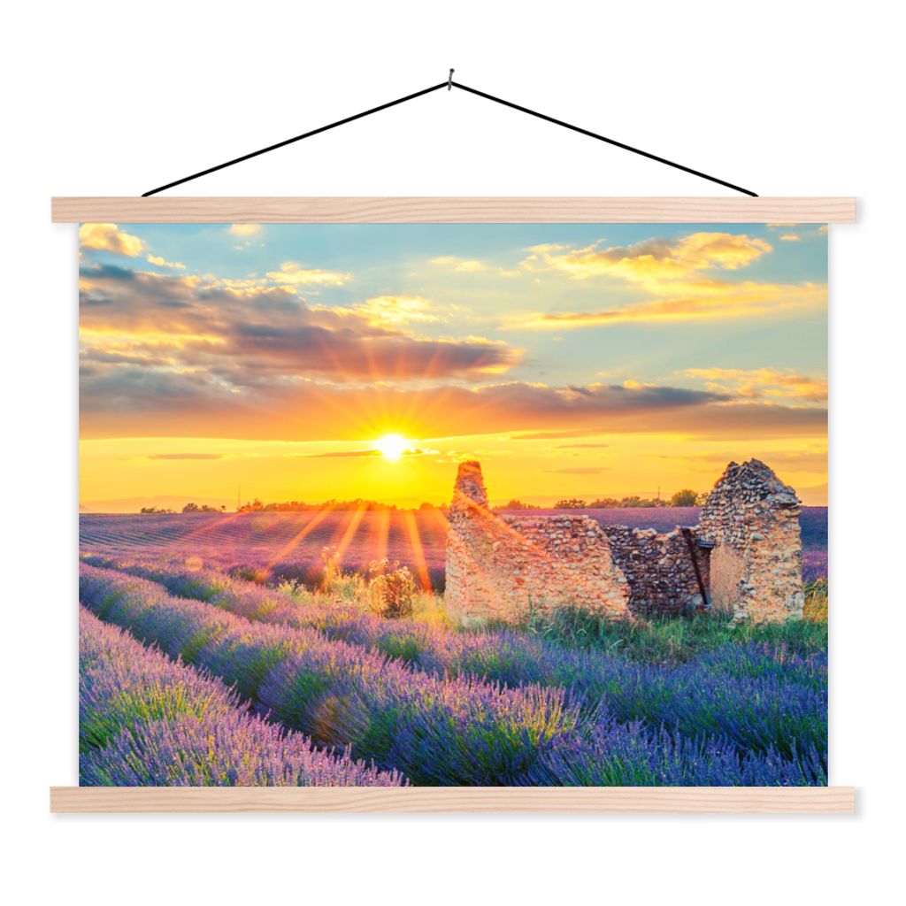 MuchoWow Textilposter Lavendel - Sonnenuntergang - Ruine - Lila 60x45 cm mit holzfarbenen Rahmen - Bild