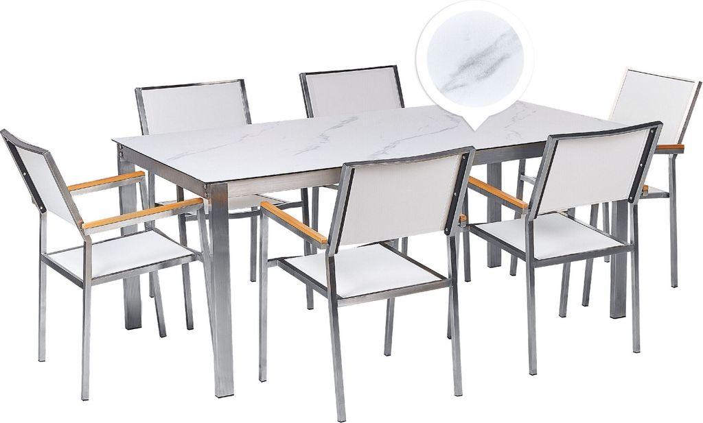 BELIANI Gartenmöbel Set 7-Teilig Weiß Marmor Optik Edelstahl 6 Stühle Polyester Tisch 180x90cm Sicherheitsglas Keramik Gartenausstattung Outdoor...