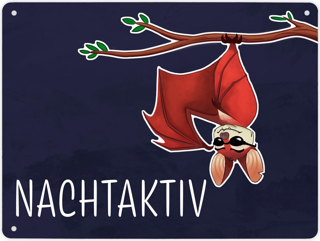 Nachtaktiv Metallschild mit lustiger Fledermaus