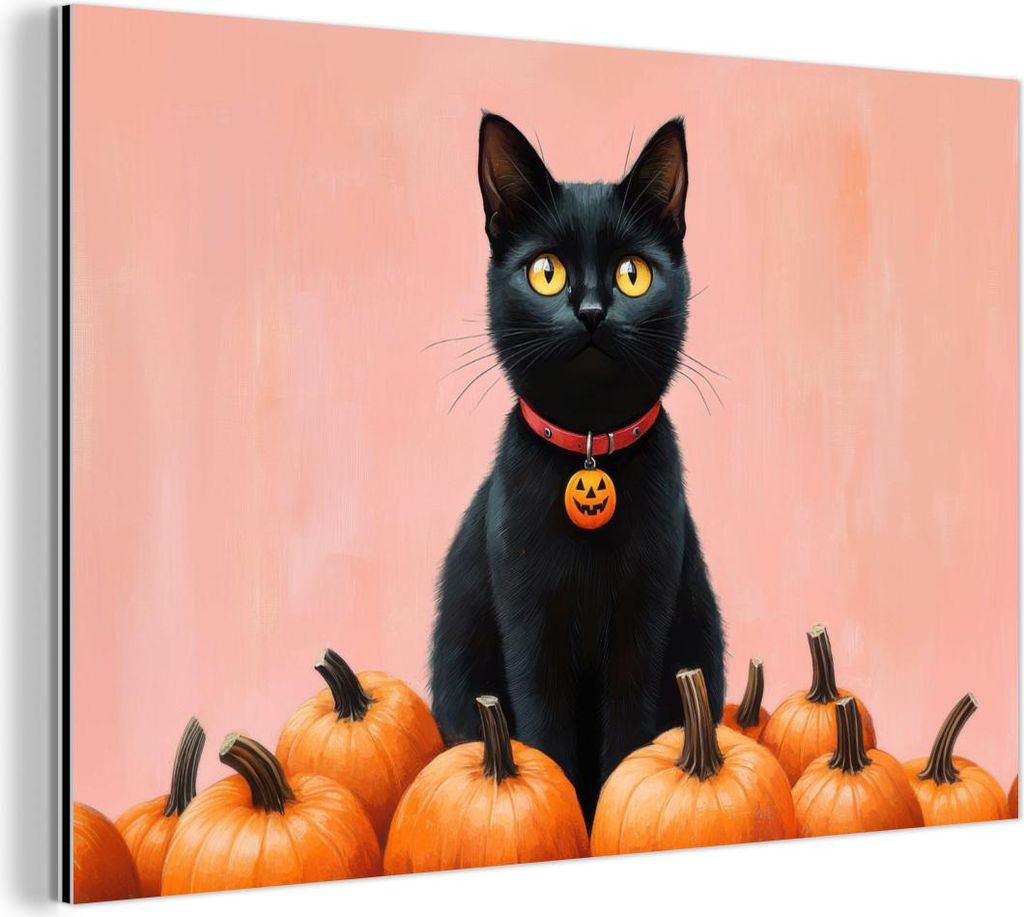MuchoWow Wanddekoration Metall Metallbild Wandkunst 90x60 cm Katze - Kürbis - Rosa MuchoWow Aluminium Gemälde - Wandbilder