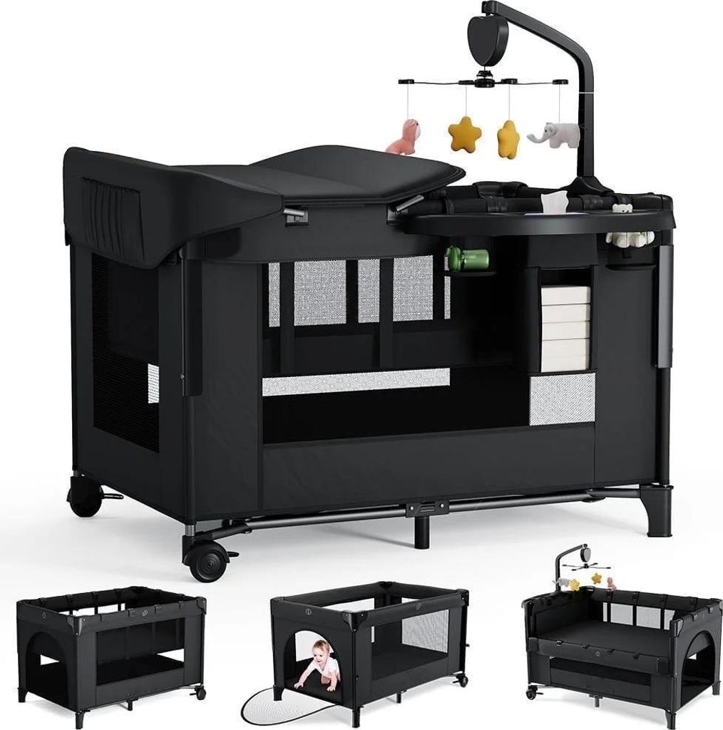 Caveen 5-in-1 Baby Beistellbett & Laufstall, tragbares Babybett mit Bassinet, Wickelstation & Aufbewahrung, Reisebett, Schwarz