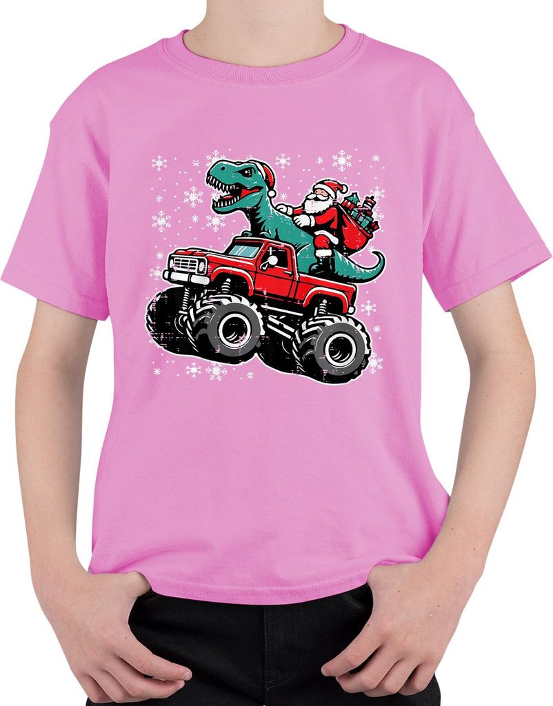 TRex Weihnachtsmann Monster Truck Schnee Geschenk Retro Uni Kinder T-Shirt, Pink, 116