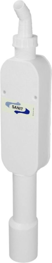 A white plastic plumbing fixture with a logo and text on it.