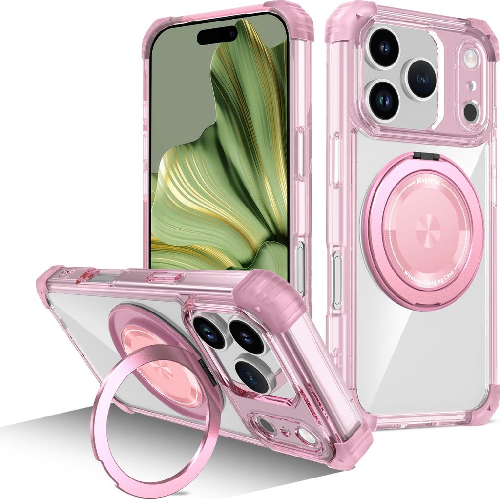 Handyhülle für iPhone 17 Pro Magnetisches Ringhalter Ständer Kompatibel mit Magsafe Militärschutz Transparente Hülle Pink