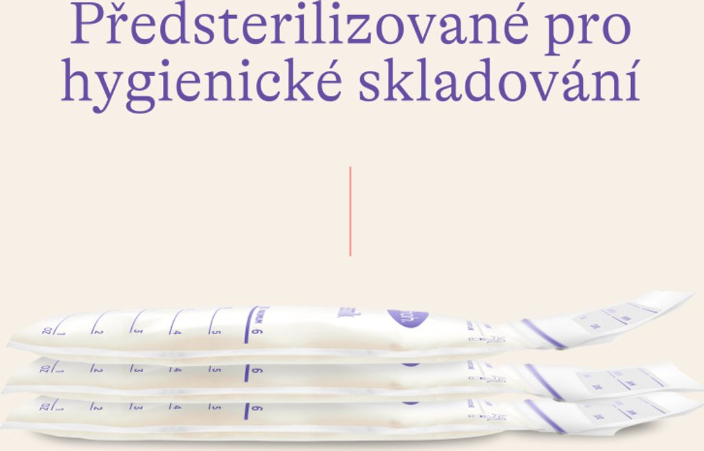 A stack of breast milk storage bags with text above.
