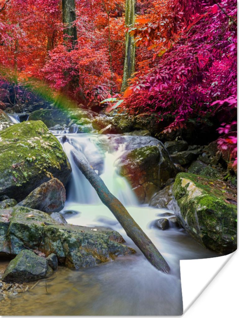 MuchoWow Poster Regenbogen - Wasserfall - Bäume - Steine - Moos 120x160 cm - Wandbilder
