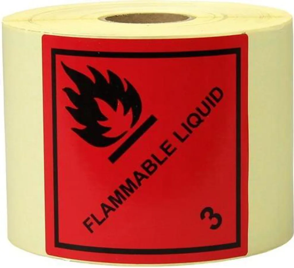 Rouge et format 100x100mm : Étiquettes Flammable Liquid Transpak haute visibilité