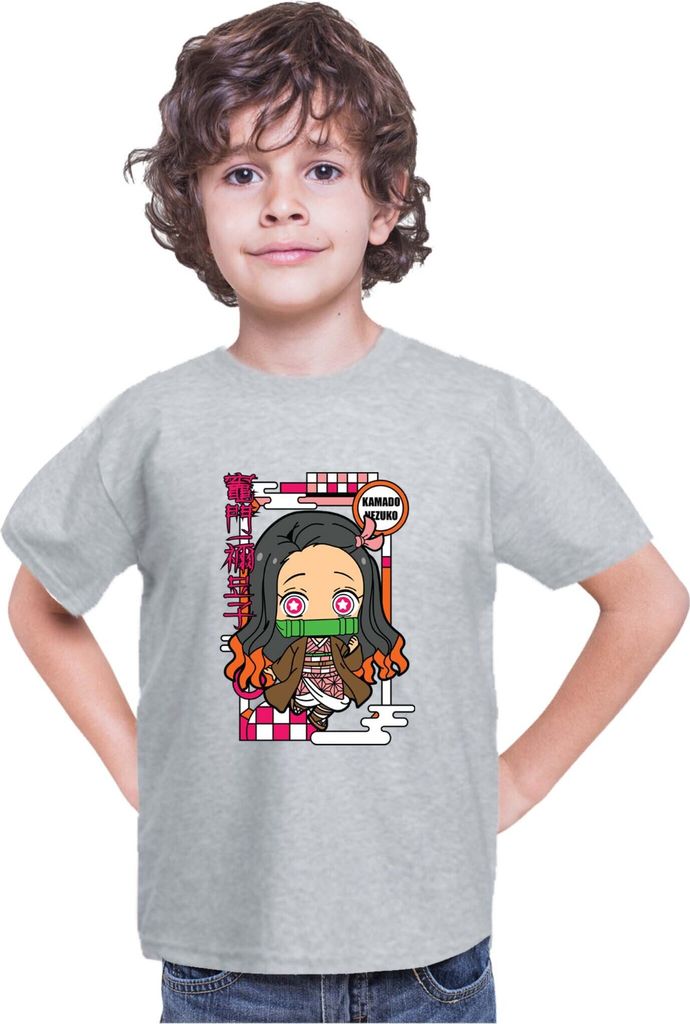Kinder T-Shirt Demon Anime Slayer Kimetsu No Yaiba Chibi Nezuko Kamado, 12-13 Jahr - 152 / Grau